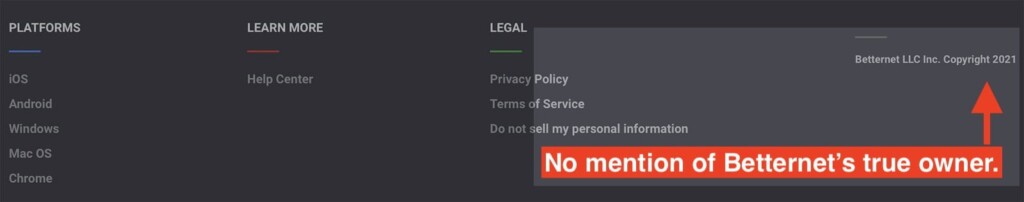 Betternet's Footer Hiding Its True Owner
