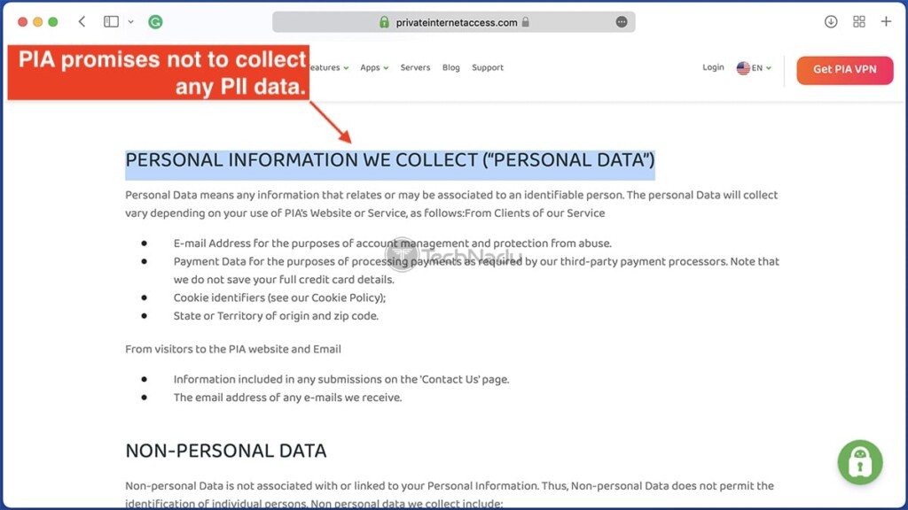 Clip from PIA's Privacy Policy