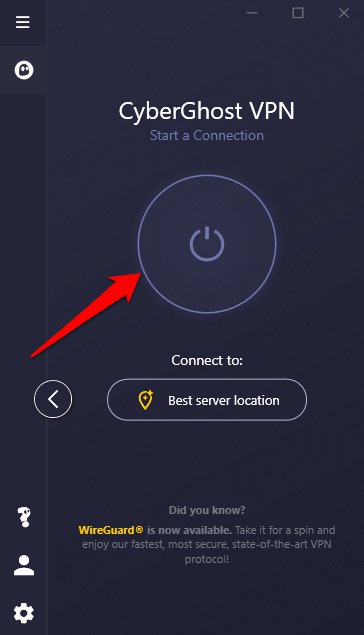 Home screen CyberGhost VPN on Windows.