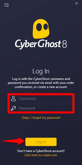 Log in screen of CyberGhost on Windows.