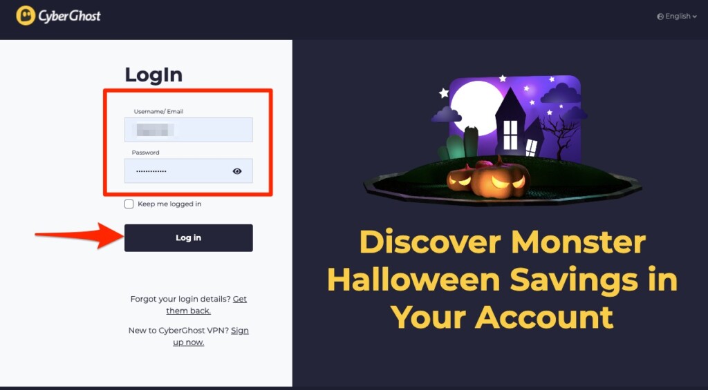 Logging in to CyberGhost Online Dashboard