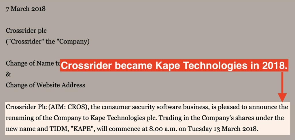 Document Showing Crossrider's Name Chnage to Kape