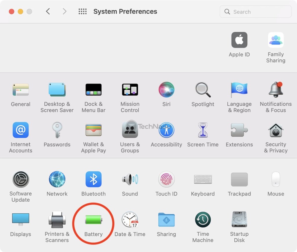 MacOS System Preferences Window with Battery Tab Highlighted
