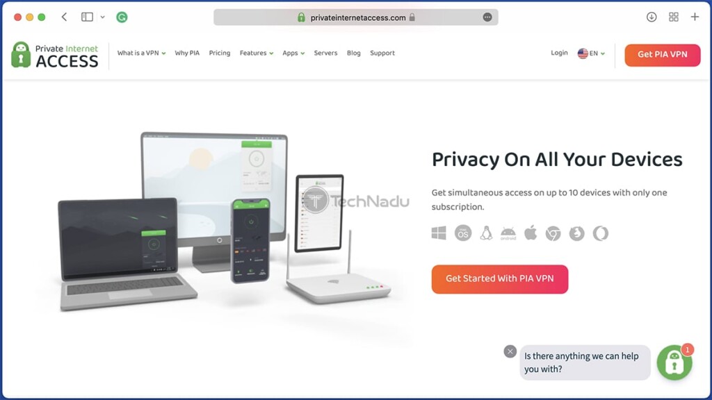 PIA VPN Home Page Showcasing Supported Devices
