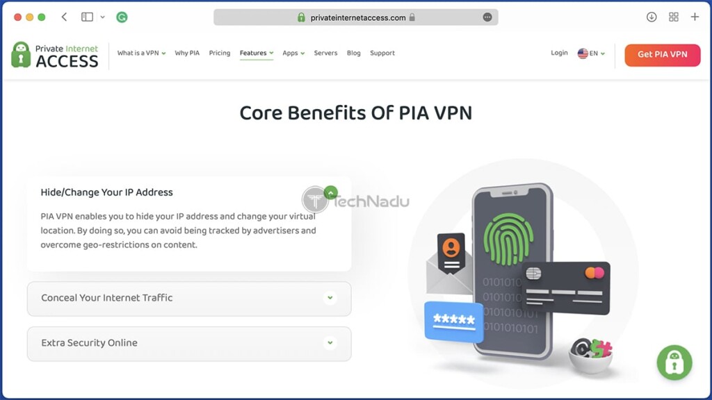 PIA Website Showing the VPN's Benefits