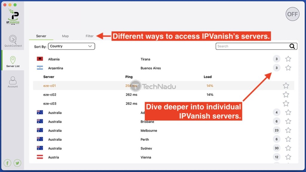 Picking a Server Manually Using IPVanish Interface