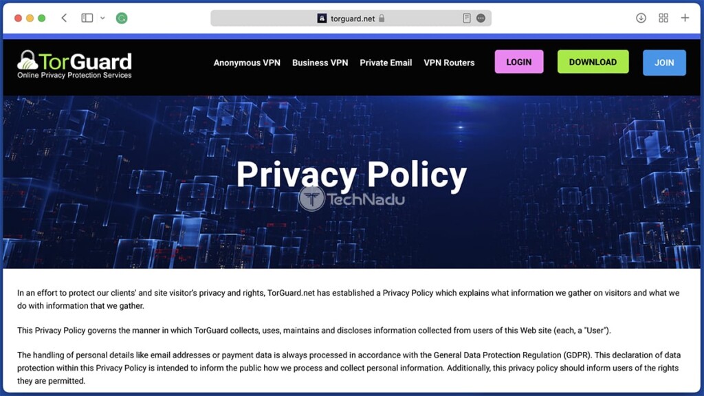 Privacy Policy on TorGuard Website