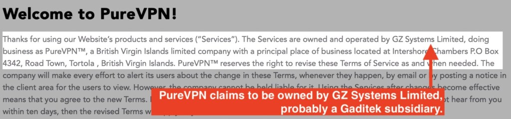 PureVPN's Claim to be Owned by GZ Systems Limited