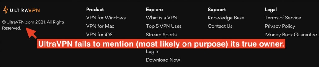 UltraVPN's Footer Listing Its Owner