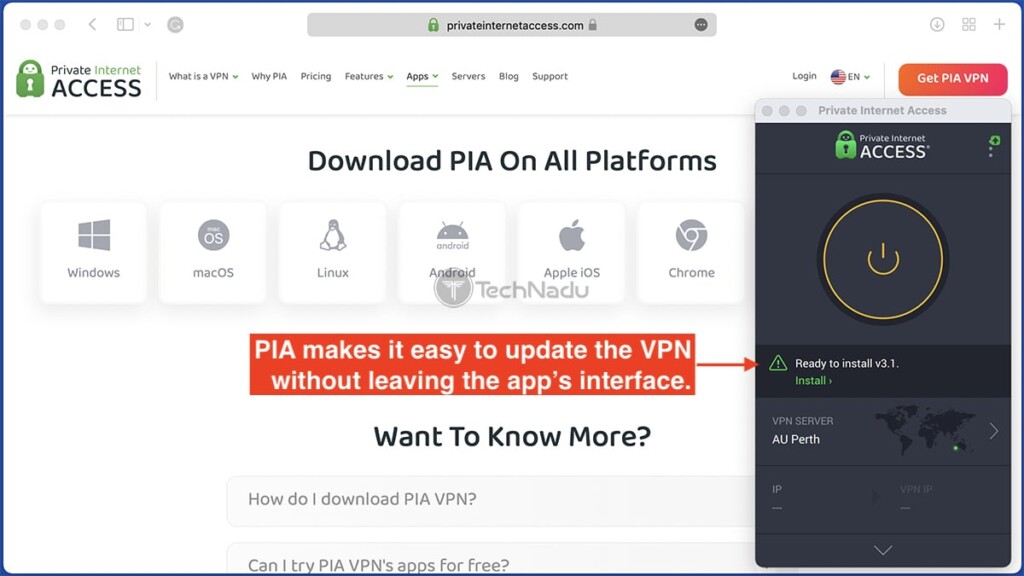 تحديث PIA من داخل تطبيق VPN