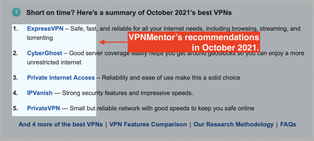 VPNMentors Recommendations in October 2021