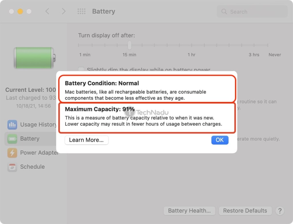 macOS Preferences Screen Showing Battery Condition Information