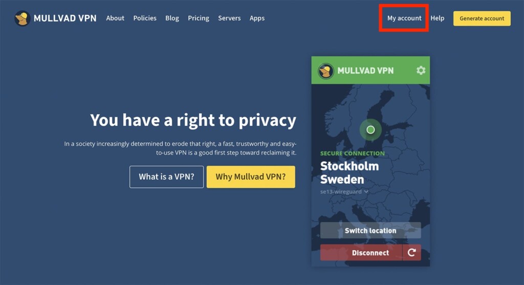 Accessing My Account Dashboard on Mullvad VPN Website