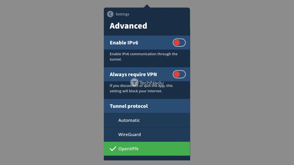 Advanced Settings Window Mullvad VPN Application