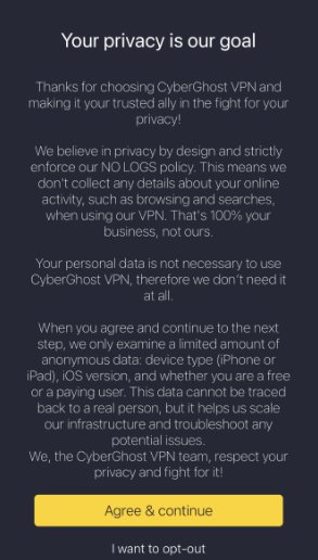 Privacy screen CyberGhost VPN on iPhone