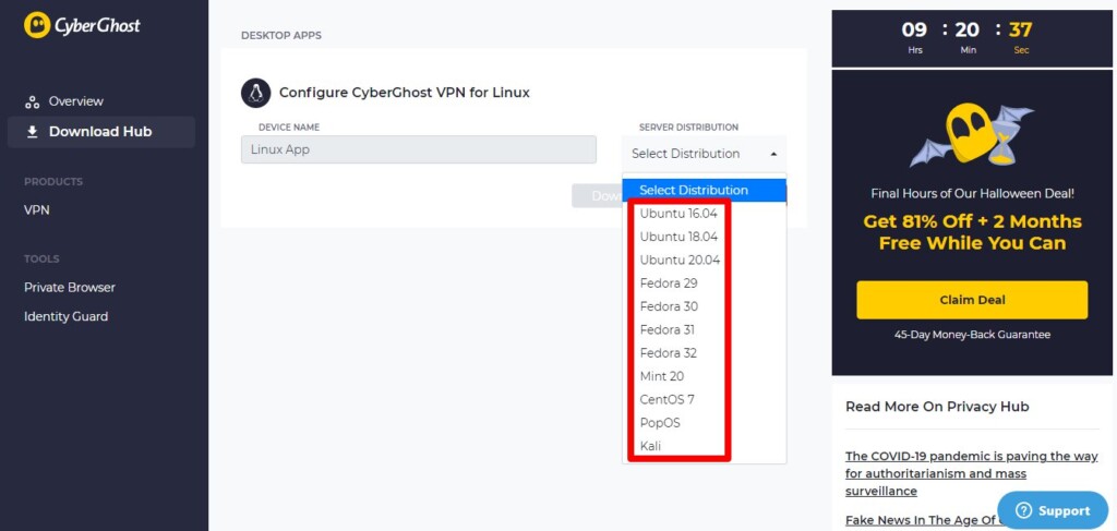 Compatible Linux Distribution Packages for CyberGhost