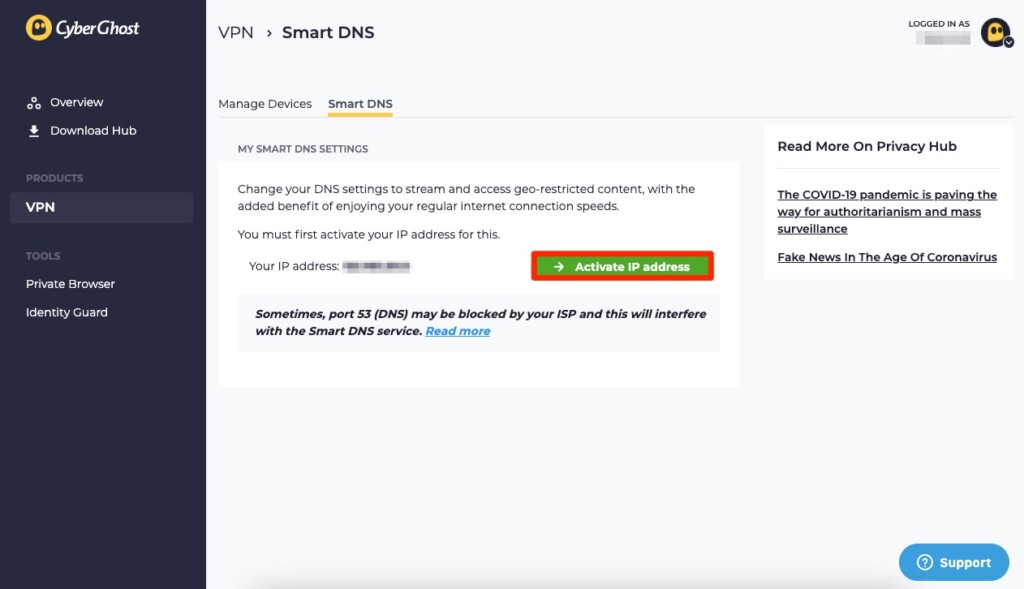 Activating SmartDNS IP via CyberGhost dashboard