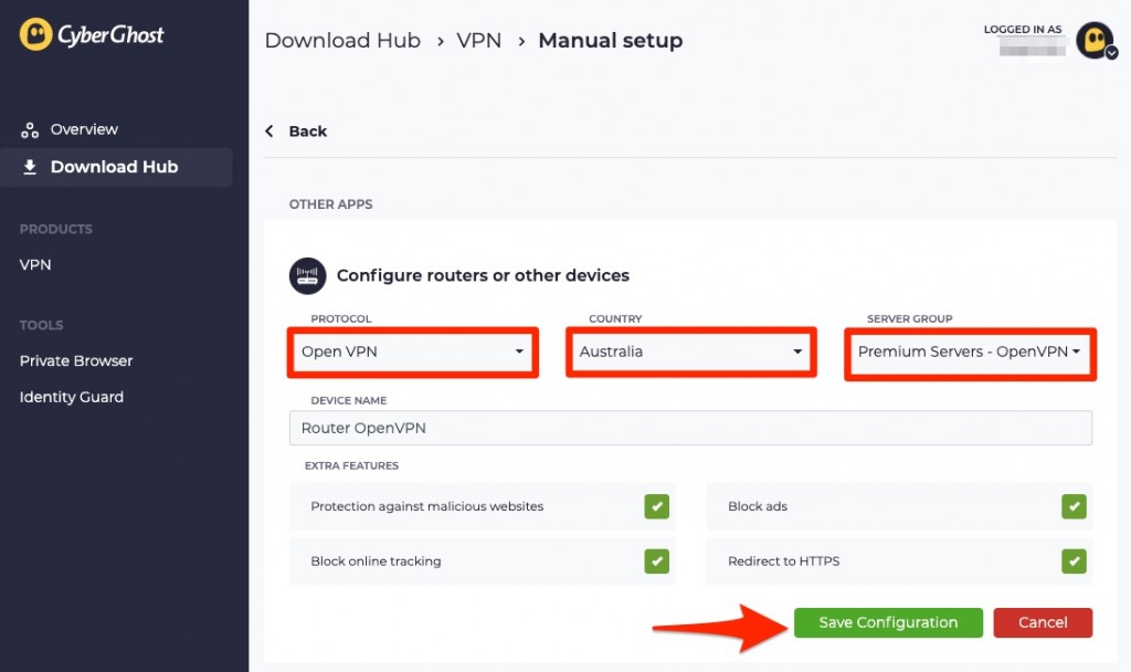 Creating a manual OpenVPN connection for CyberGhost.