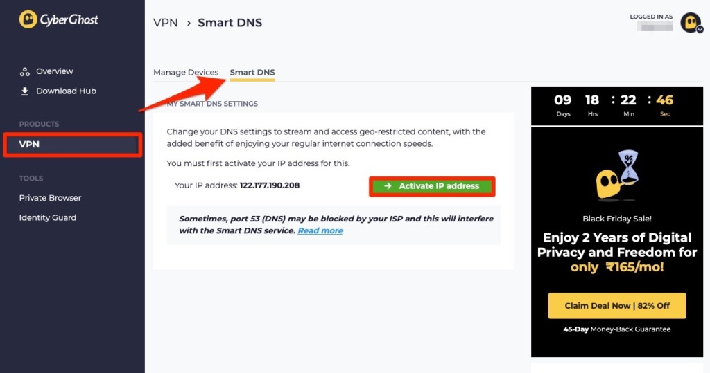 Accessing SmartDNS option on CyberGhost VPN online dashboard