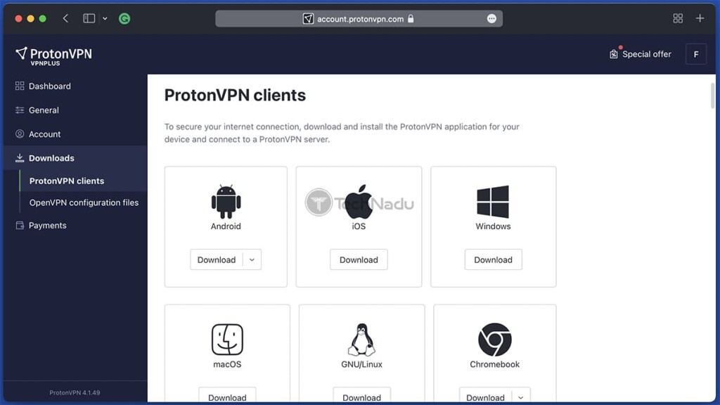 Downloads Page of ProtonVPN User Dashboard