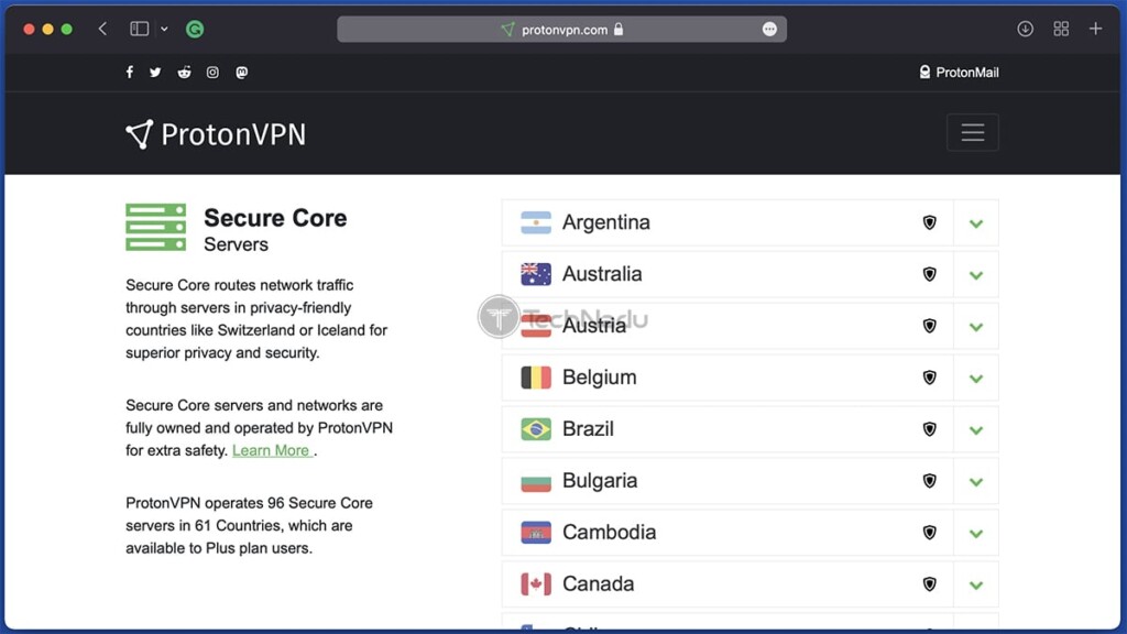 List of ProtonVPN Servers as Displayed on Its Website