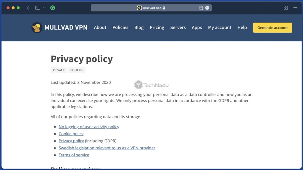 Screenshot of Mullvad's Privacy Policy