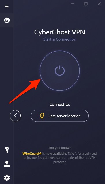 CyberGhost's home screen on Windows.