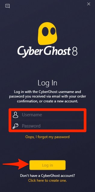 Log in screen of CyberGhost for Windows.