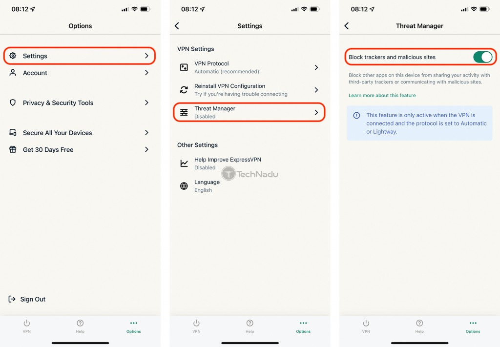 ExpressVPN Steps to Activate Threat Manager on iPhone