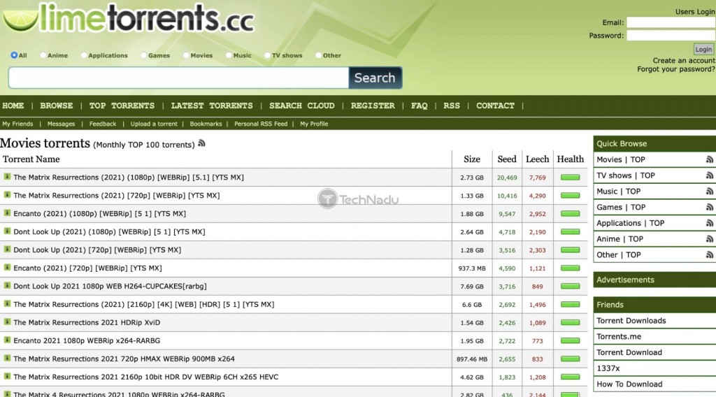 LimeTorrents Home Page