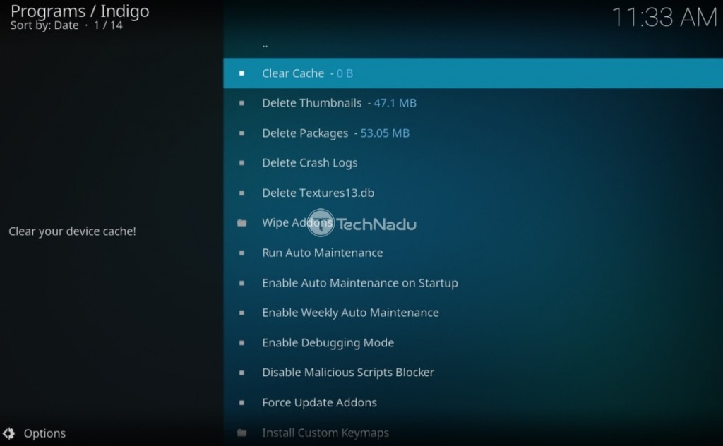 Clearing Cache in Indigo for Kodi