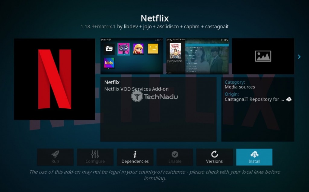 Netflix Kodi Addon Overview with Install Button Active