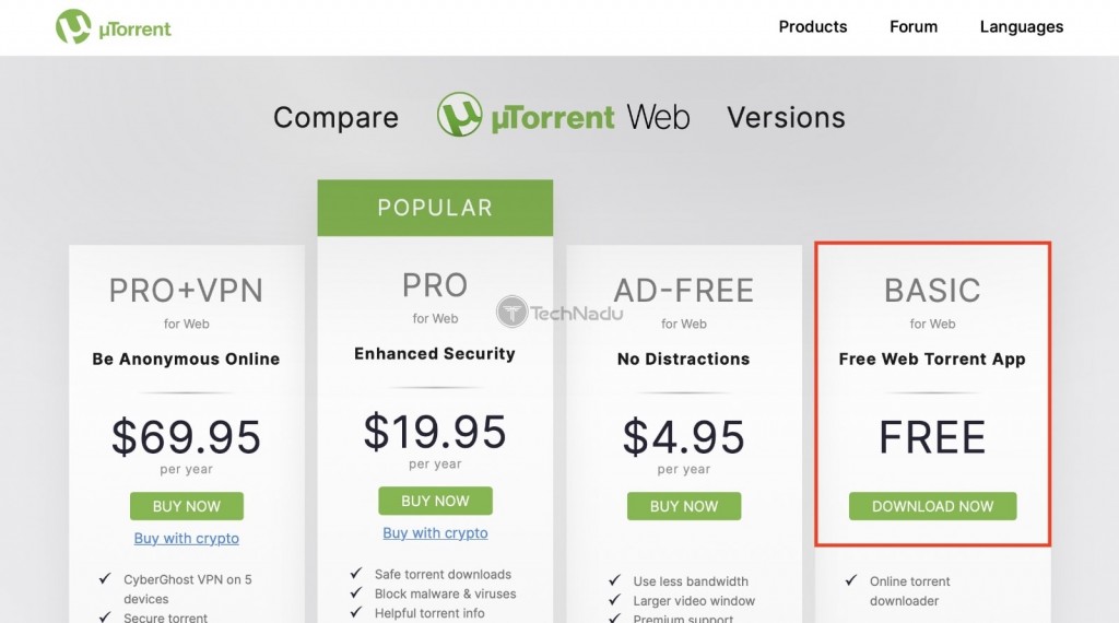 Selecting Pricing Plan Before Downloading uTorrent Web