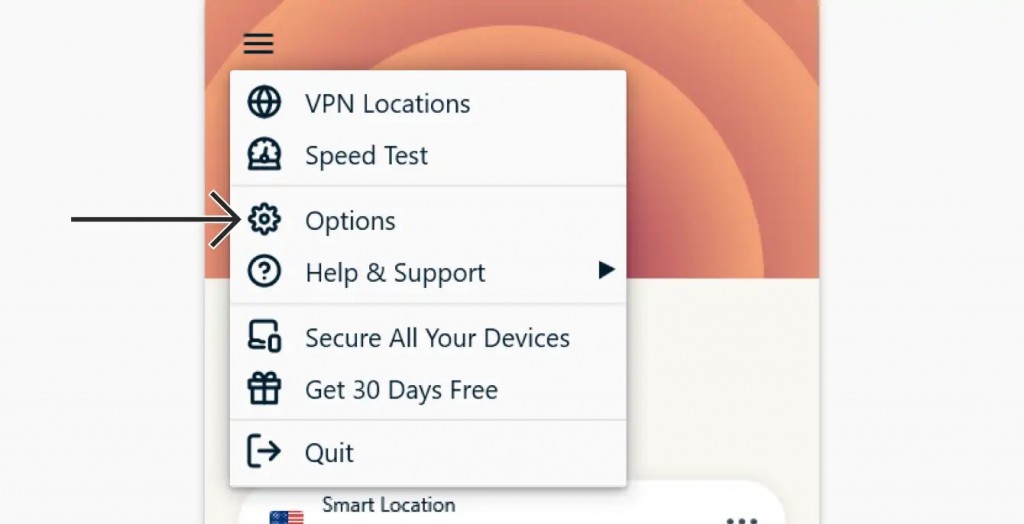 Options menu in ExpressVPN app.