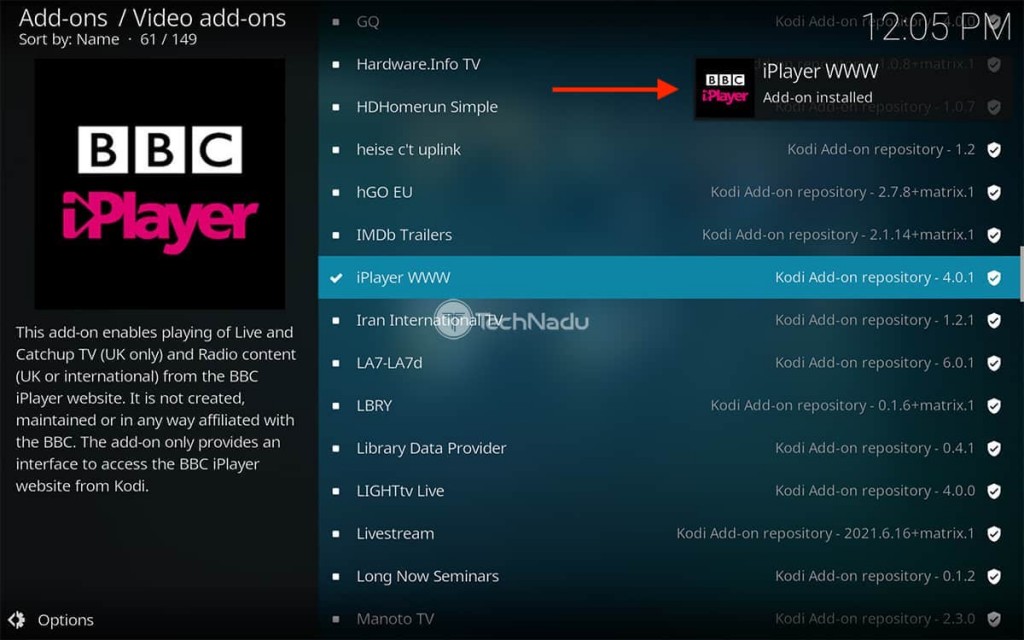 iPlayer WWW Installed on Kodi Notification