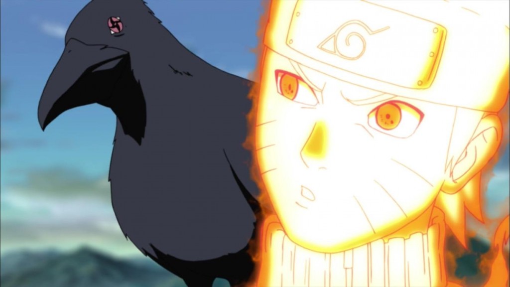 Itachi's crow sitting on Naruto's shoulder. 