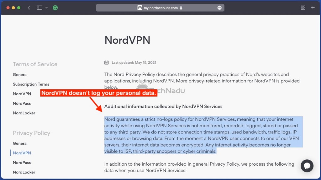 NordVPN Privacy Policy Highlighted Information