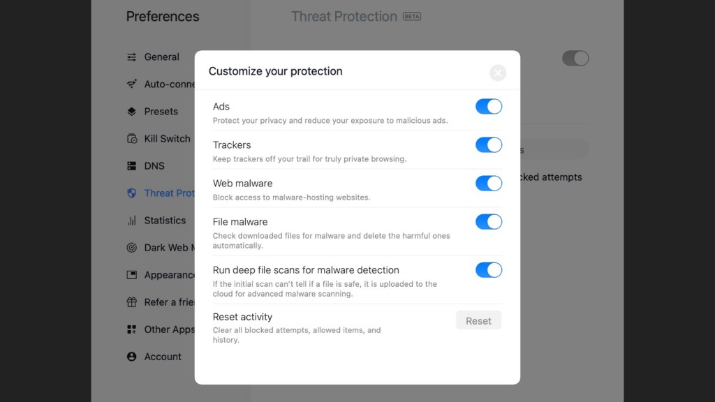 NordVPN Threat Protection Interface