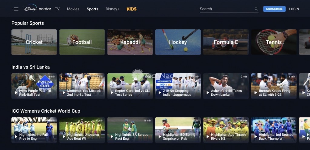 Disney+ Hotstar Sports Content Selection