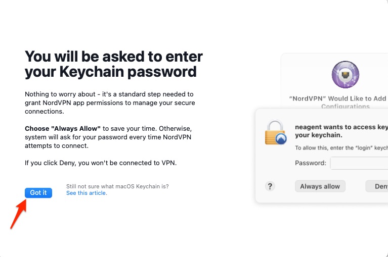 Keychain password for NordVPN