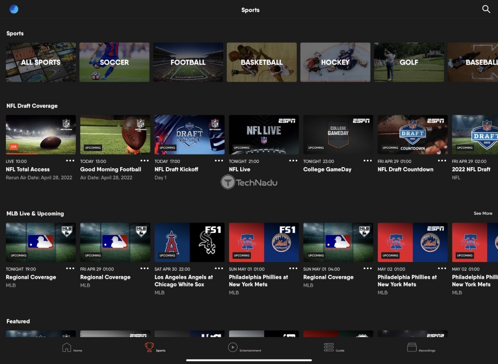 FuboTV Sports Section on iPad
