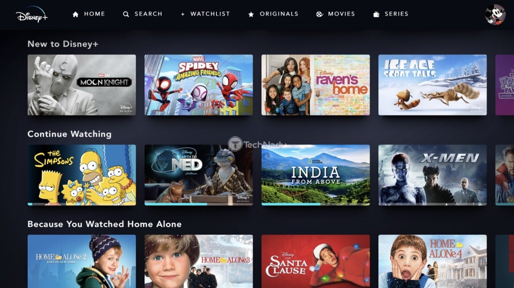 Home Screen of Disney Plus Showing a Grid of Titles
