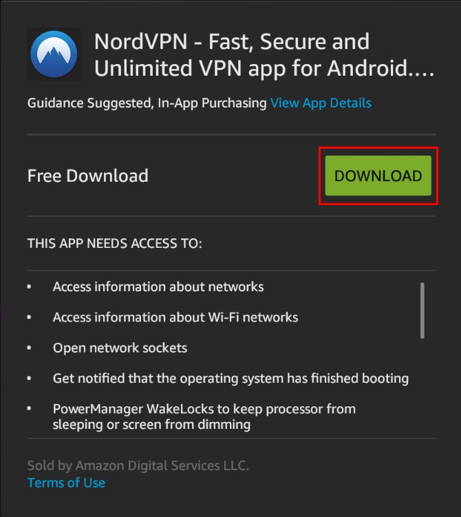 NordVPN app overview on Amazon App Store