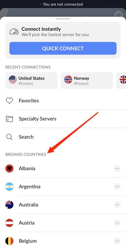 NordVPN iOS server list
