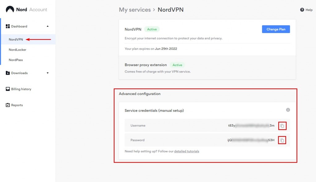 NordVPN service credentials on Nord Account