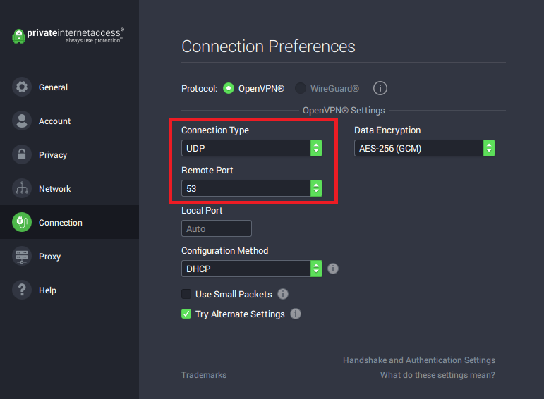 Connection type UDP port