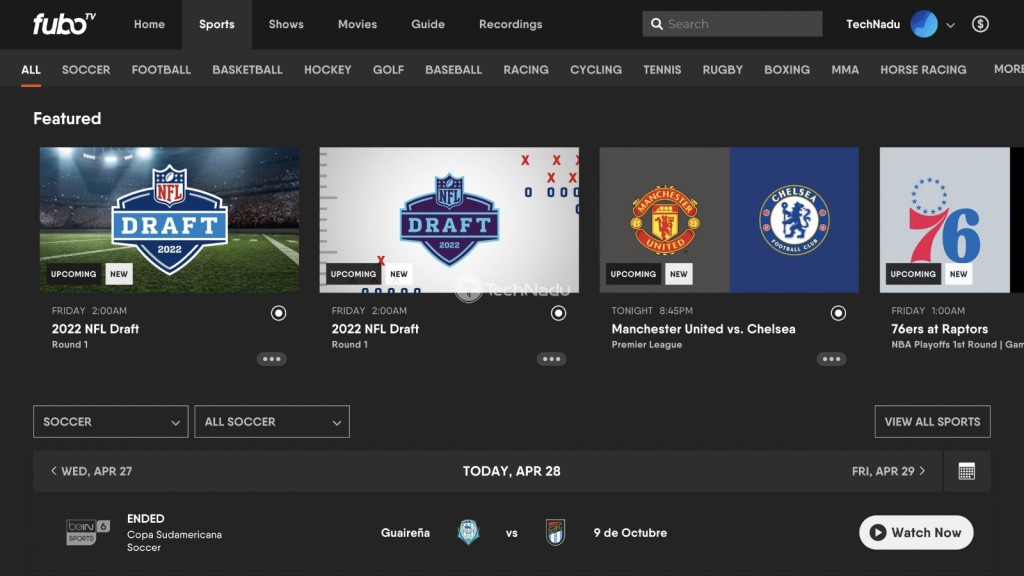 Sports Section on FuboTV Website