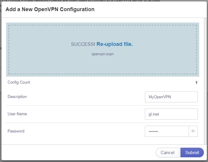 Submit New OpenVPN configuration 