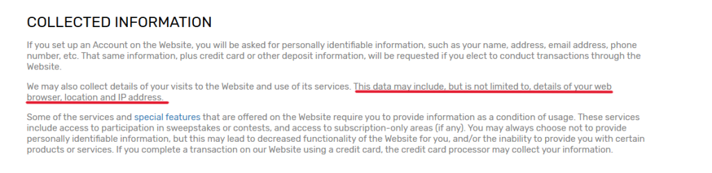 Bovada Privacy Policy Mentioning the Information it Collects, Including Your IP Address