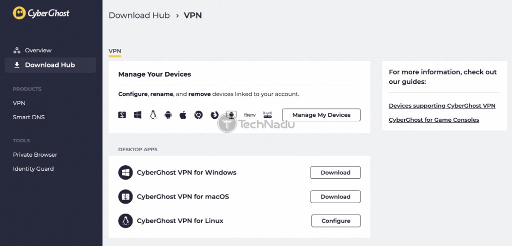 CyberGhost VPN Online Account Dashboard